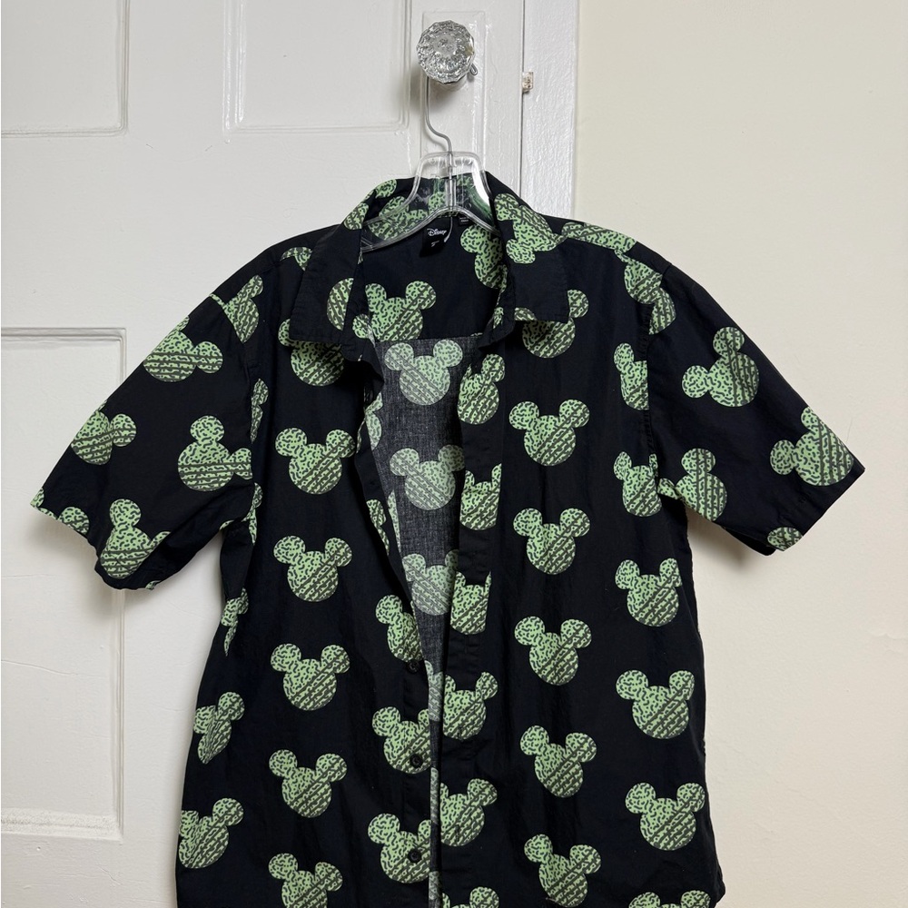 Disney Button-Up Shirt with Green Mickey Mouse Pattern